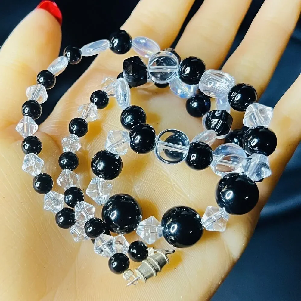 Vintage Clear Black Beads Beaded Necklace Confetti Flat Beads Barrel Clasp  4166